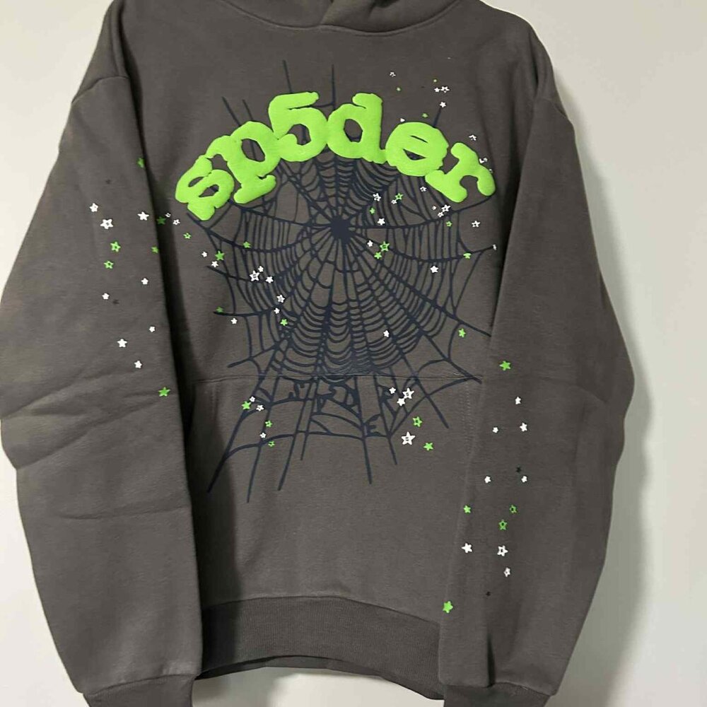 Spider Web Graphic Hoodie with Neon  Grey with Green Logo Midium